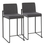 Fuji Contemporary High Back Counter Stool in Black Steel and Charcoal Fabric by LumiSource - Set of 2