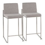 Fuji Contemporary High Back Counter Stool in Stainless Steel and Grey Fabric by LumiSource - Set of 2