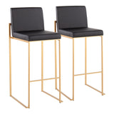 Fuji Contemporary High Back Barstool in Gold Steel and Black Faux Leather by LumiSource - Set of 2