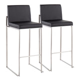 Fuji Contemporary High Back Barstool in Stainless Steel and Black Faux Leather by LumiSource - Set of 2