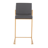 Fuji Contemporary High Back Counter Stool in Gold Steel and Grey Faux Leather by LumiSource - Set of 2