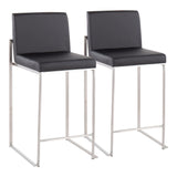 Fuji Contemporary High Back Counter Stool in Stainless Steel and Black Faux Leather by LumiSource - Set of 2
