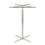 Fuji Contemporary Square Bar Table in Stainless Steel with Clear Glass Top by LumiSource