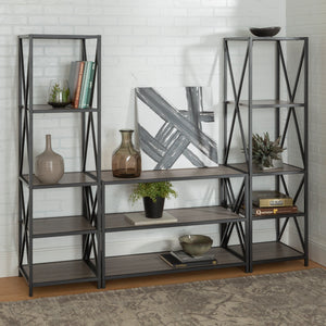 3-Piece Rustic Industrial Bookcase Set Driftwood