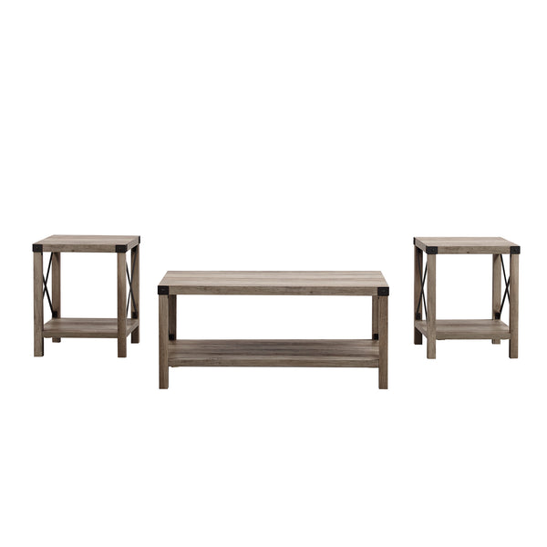 3-Piece Rustic Wood & Accent Table Set Grey Wash, Black