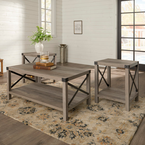 3-Piece Rustic Wood & Accent Table Set Grey Wash, Black