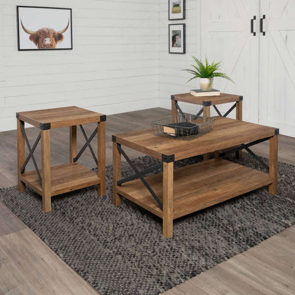 3-Piece Rustic Wood & Accent Table Set Rustic Oak, Black