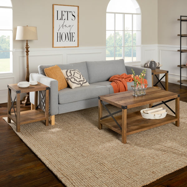 3-Piece Rustic Wood & Accent Table Set Rustic Oak, Black