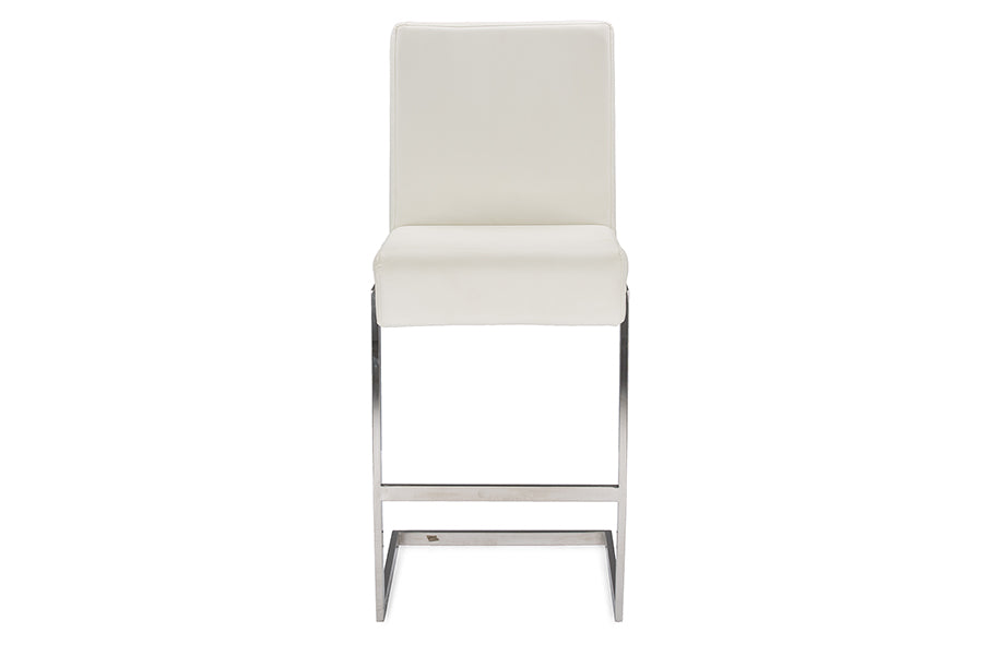 Baxton Studio Toulan Modern and Contemporary White Faux Leather Upholstered Stainless Steel Barstool (Set of 2)