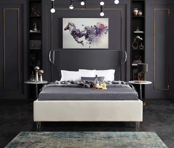 Ghost Acrylic / Velvet / Engineered Wood / Metal / Foam Contemporary Cream Velvet King Bed - 81" W x 86.5" D x 50" H