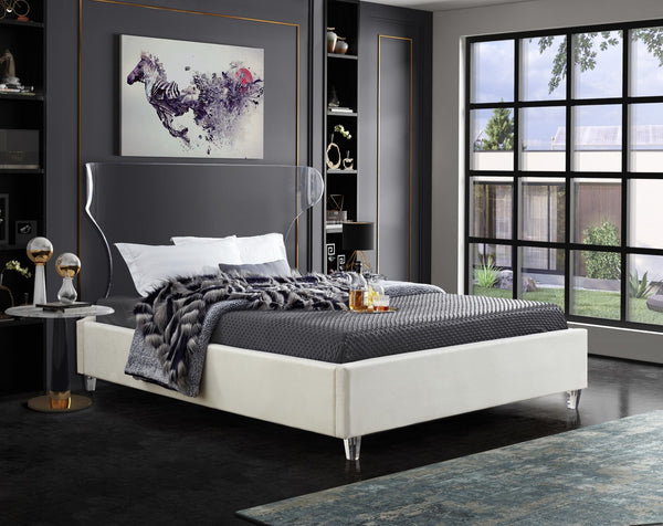 Ghost Acrylic / Velvet / Engineered Wood / Metal / Foam Contemporary Cream Velvet Queen Bed - 65.5" W x 86.5" D x 50" H