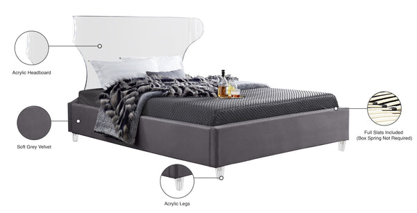 Ghost Acrylic / Velvet / Engineered Wood / Metal / Foam Contemporary Grey Velvet King Bed - 81" W x 86.5" D x 50" H