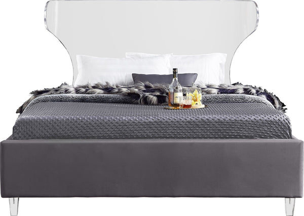 Ghost Acrylic / Velvet / Engineered Wood / Metal / Foam Contemporary Grey Velvet Queen Bed - 65.5" W x 86.5" D x 50" H