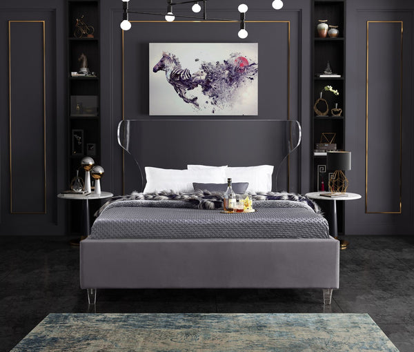 Ghost Acrylic / Velvet / Engineered Wood / Metal / Foam Contemporary Grey Velvet Queen Bed - 65.5" W x 86.5" D x 50" H