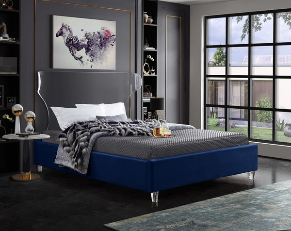 Ghost Acrylic / Velvet / Engineered Wood / Metal / Foam Contemporary Navy Velvet Queen Bed - 65.5" W x 86.5" D x 50" H