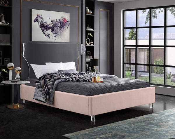 Ghost Acrylic / Velvet / Engineered Wood / Metal / Foam Contemporary Pink Velvet King Bed - 81" W x 86.5" D x 50" H