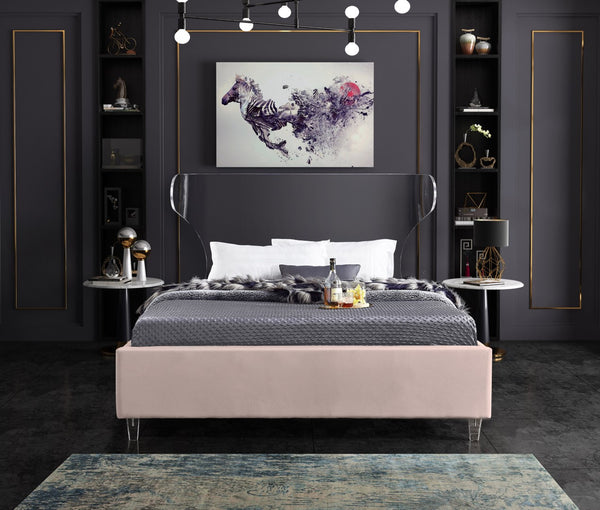 Ghost Acrylic / Velvet / Engineered Wood / Metal / Foam Contemporary Pink Velvet King Bed - 81" W x 86.5" D x 50" H