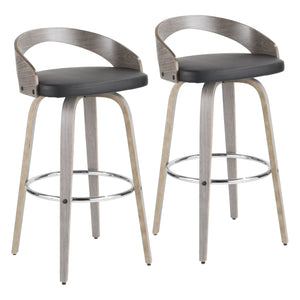 Grotto 30" Mid-Century Modern Fixed Height Barstool with Swivel in Light Grey Wood and Black Faux Leather by LumiSource - Set of 2