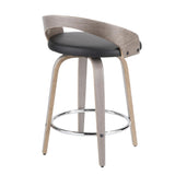 Grotto 25" Mid-Century Modern Fixed Height Counter Stool with Swivel in Light Grey Wood and Black Faux Leather by LumiSource - Set of 2