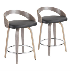 Grotto 25" Mid-Century Modern Fixed Height Counter Stool with Swivel in Light Grey Wood and Black Faux Leather by LumiSource - Set of 2