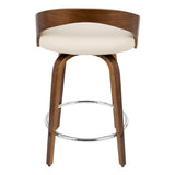Grotto 25" Mid-Century Modern Fixed Height Counter Stool with Swivel in Walnut with Cream Faux Leather by LumiSource - Set of 2