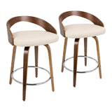 Grotto 25" Mid-Century Modern Fixed Height Counter Stool with Swivel in Walnut with Cream Faux Leather by LumiSource - Set of 2