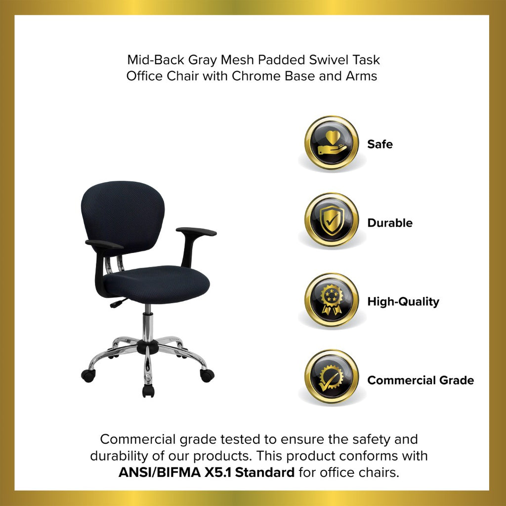 Mid-Back Gray Mesh Padded Swivel Task Office Chair with Chrome Base