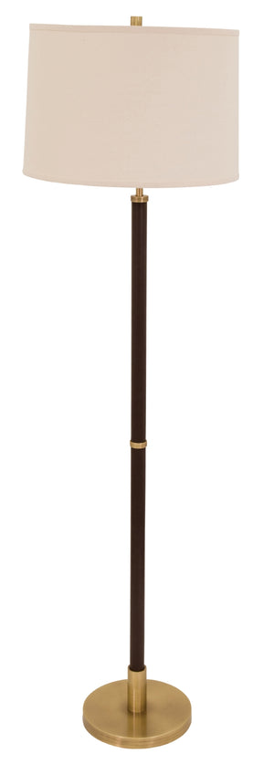 Hardwick six way floor lamp in antique brass with brown leather accents