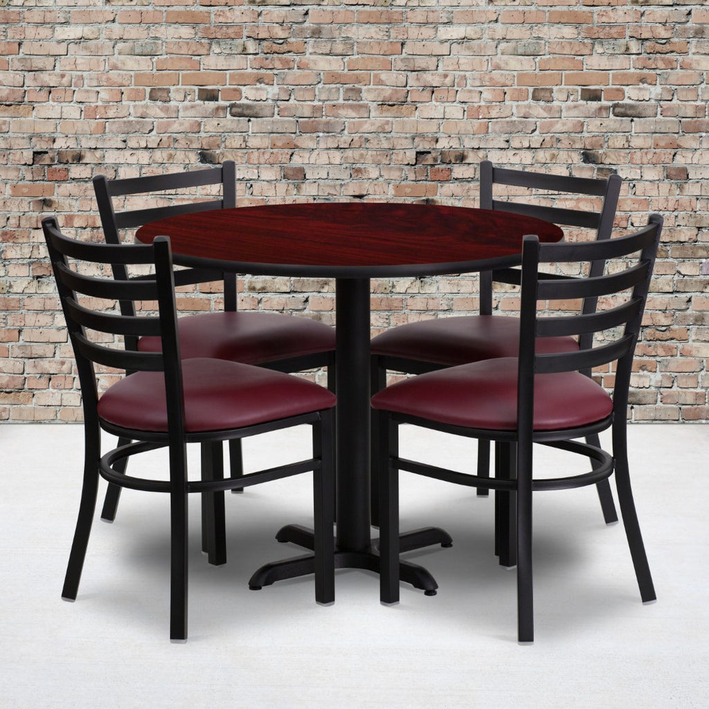 English Elm EE2413 Traditional Commercial Grade Laminate Restaurant Table and Chair Set Mahogany Top/Burgundy Vinyl Seat EEV-15841