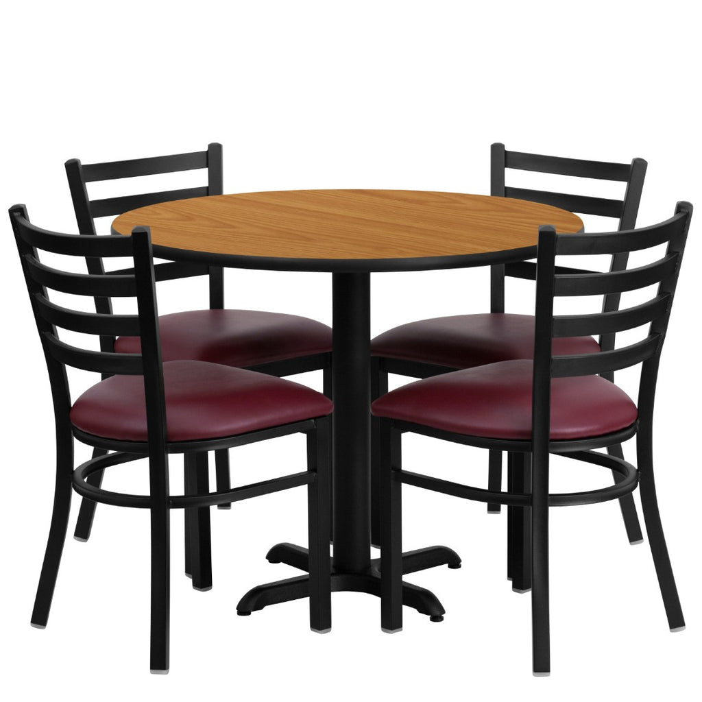 English Elm EE2413 Traditional Commercial Grade Laminate Restaurant Table and Chair Set Natural Top/Burgundy Vinyl Seat EEV-15842
