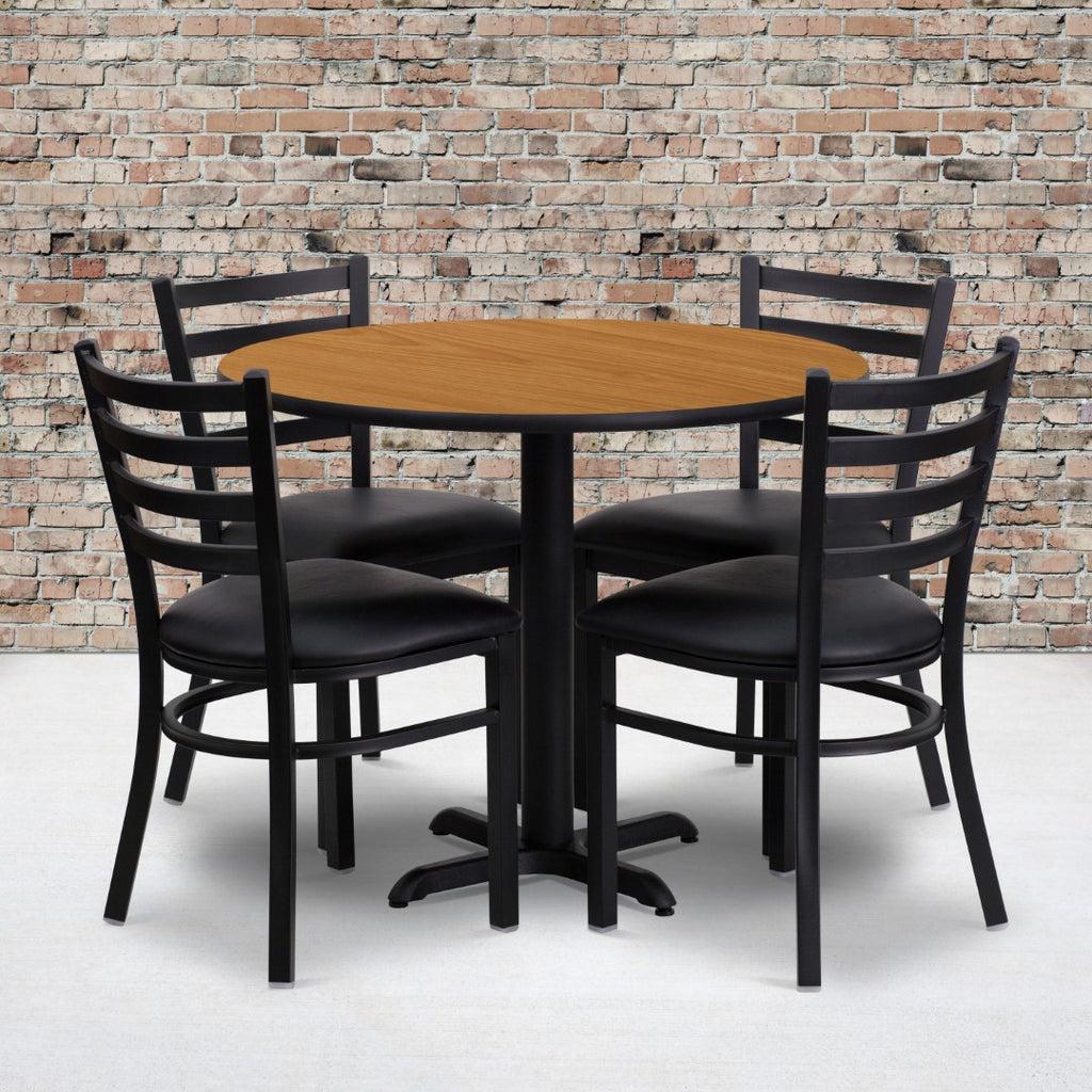 English Elm EE2413 Traditional Commercial Grade Laminate Restaurant Table and Chair Set Natural Top/Black Vinyl Seat EEV-15846