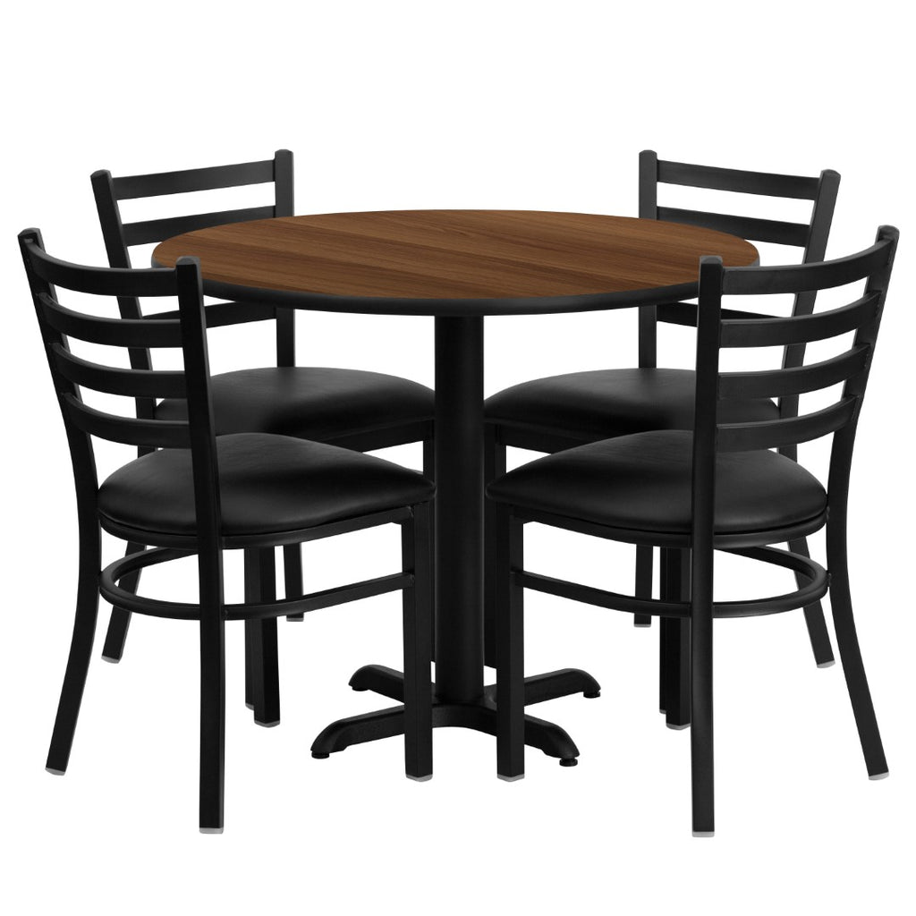 English Elm EE2413 Traditional Commercial Grade Laminate Restaurant Table and Chair Set Walnut Top/Black Vinyl Seat EEV-15847