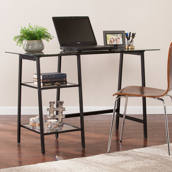Sei Furniture Avery Metal Glass Sawhorse A Frame Writing Desk Black Ho6531