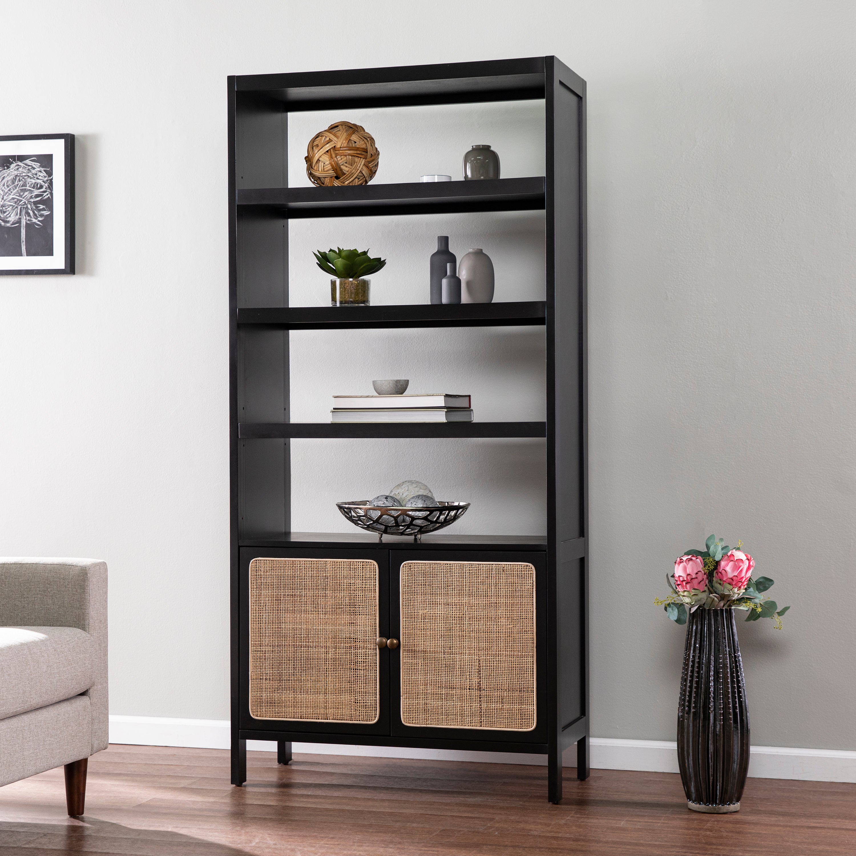 Carondale Stylish Bookcase with Rattan Accents - Thumbnail 3