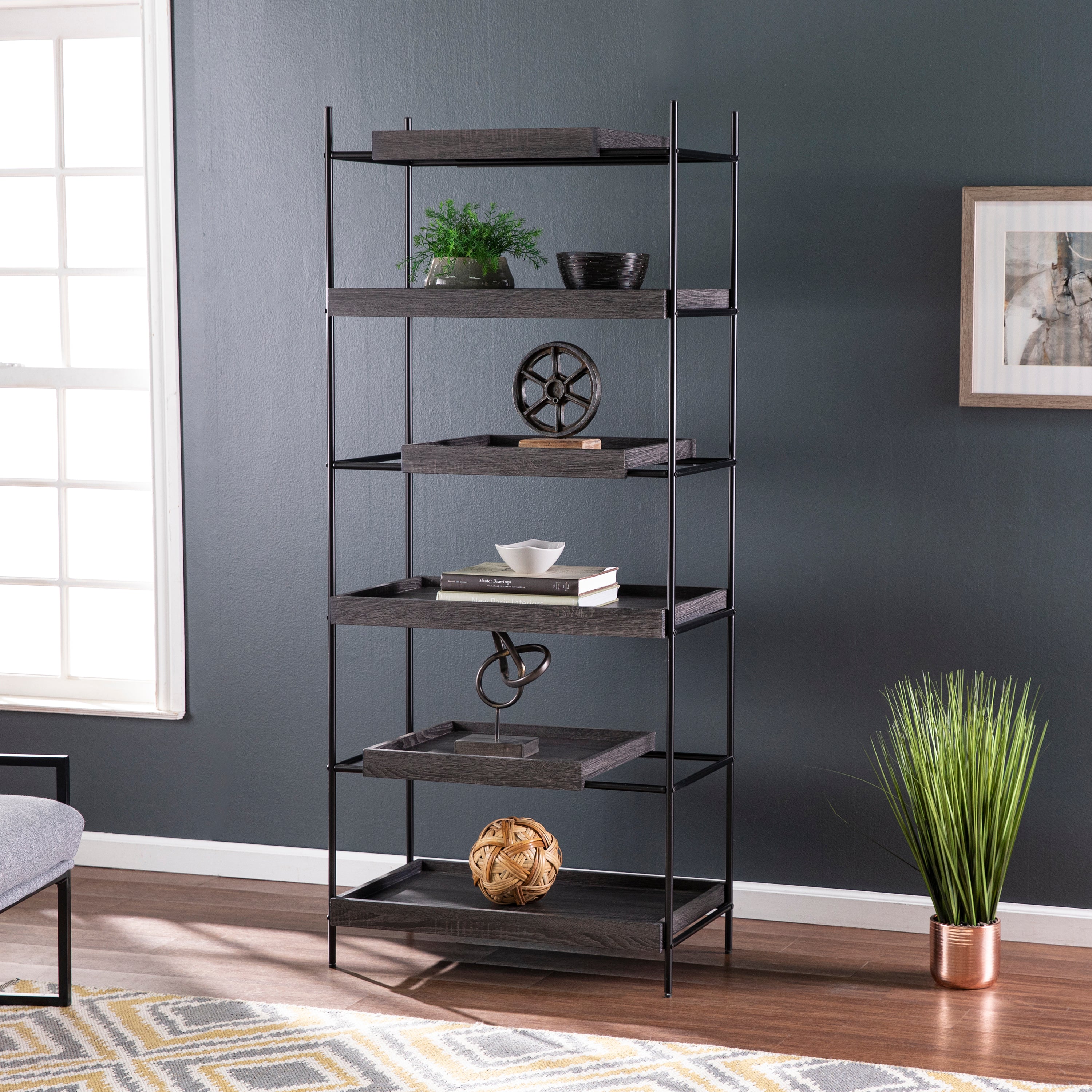 Deckenly Modern Sliding Shelf Etagere Bookcase - Thumbnail 3