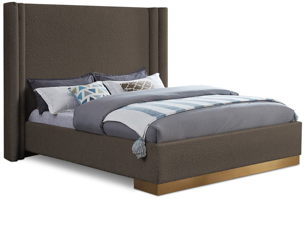 Halton Boucle Fabric / Metal / Engineered Wood / Foam Contemporary Brown Boucle Fabric Queen Bed (3 Boxes) - 86.5" W x 78" D x 65" H