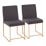High Back Fuji Contemporary Dining Chair in Gold Steel and Charcoal Fabric by LumiSource - Set of 2
