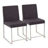 High Back Fuji Contemporary Dining Chair in Brushed Stainless Steel and Charcoal Fabric by LumiSource - Set of 2