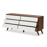 Baxton Studio Hildon Mid-Century Modern White and Walnut Wood 6-Drawer Storage Dresser 
