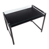 Hover Contemporary Desk in Black Steel and Clear Glass with Black Wood Shelf by LumiSource