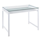 Hover Contemporary Desk in White Steel and Clear Glass with White Wood Shelf by LumiSource