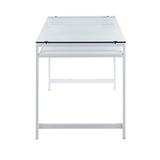 Hover Contemporary Desk in White Steel and Clear Glass with White Wood Shelf by LumiSource