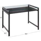 Hover Contemporary Desk in Black Steel and Clear Glass with Black Wood Shelf by LumiSource