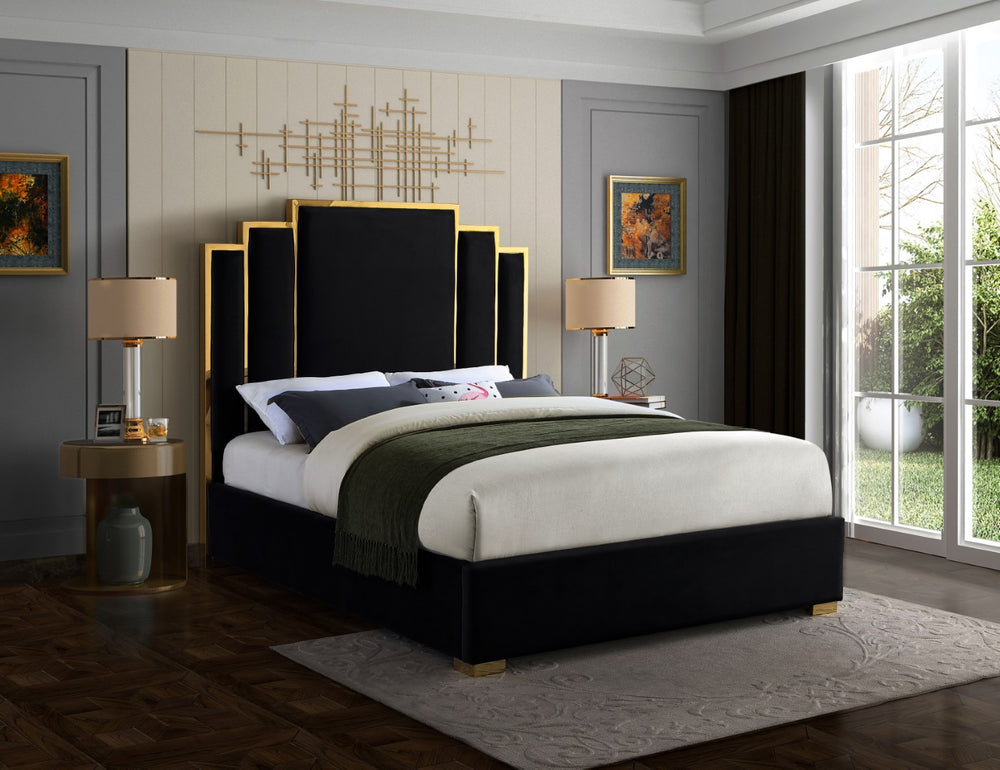 Hugo Velvet / Engineered Wood / Metal / Foam Contemporary Black Velvet King Bed - 81.5" W x 86.5" D x 63" H