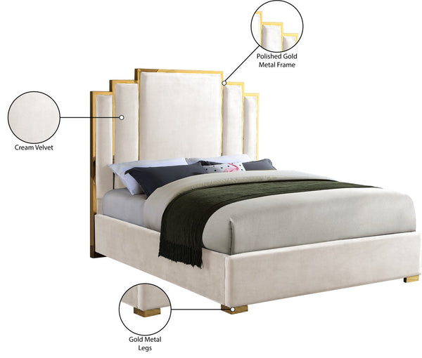 Hugo Velvet / Engineered Wood / Metal / Foam Contemporary Cream Velvet Queen Bed - 65.5" W x 86.5" D x 63" H