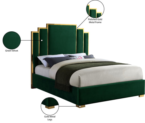 Hugo Velvet / Engineered Wood / Metal / Foam Contemporary Green Velvet Queen Bed - 65.5" W x 86.5" D x 63" H