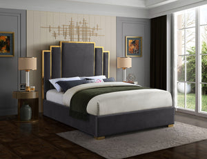 Hugo Velvet / Engineered Wood / Metal / Foam Contemporary Grey Velvet King Bed - 81.5" W x 86.5" D x 63" H