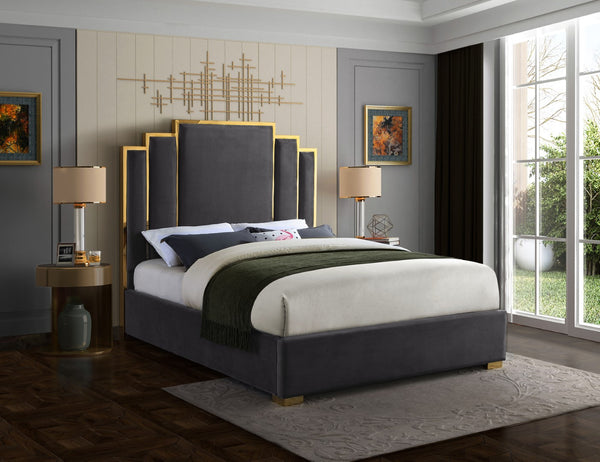 Hugo Velvet / Engineered Wood / Metal / Foam Contemporary Grey Velvet Queen Bed - 65.5" W x 86.5" D x 63" H