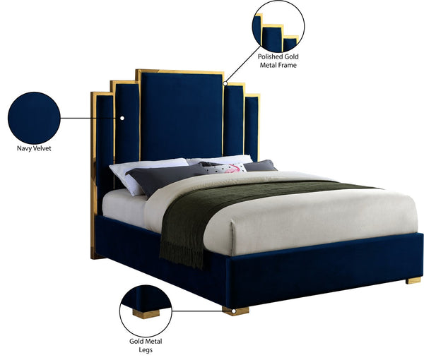 Hugo Velvet / Engineered Wood / Metal / Foam Contemporary Navy Velvet Queen Bed - 65.5" W x 86.5" D x 63" H