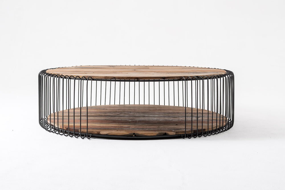 Barca Round Coffee Table 130cm in Recycled Boat Wood & Iron with Natural Boat Wood Finish